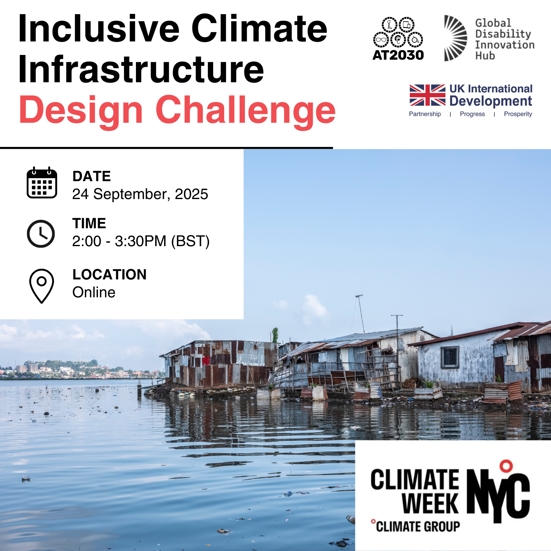 Poster for the “Inclusive Climate Infrastructure Design Challenge” online event on 24 September 2025, showing waterfront houses built on stilts. Cover Image