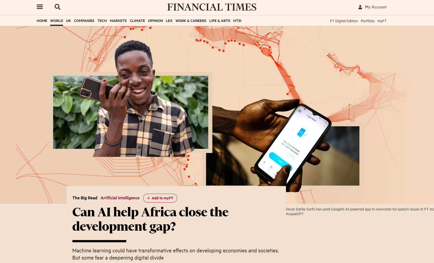 Image of the financial times news piece web page - with photo of a participant speaking into a mobile, and an app being used. Cover Image