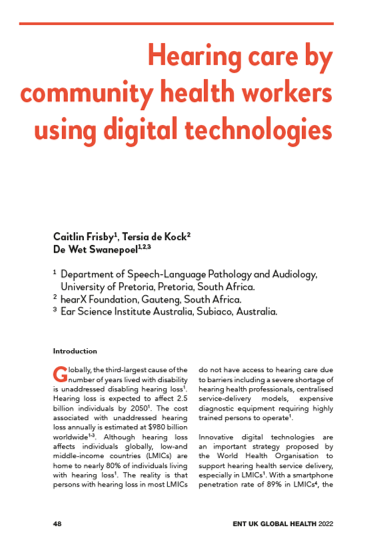 Screenshot of publication. Title text: Hearing care by community health workers using digital technologies Cover Image