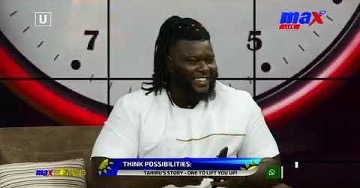 The image shows Tahiru Haruna on Max TV Live talking about the importance of positive thinking and opportunities for persons with a disability. Cover Image