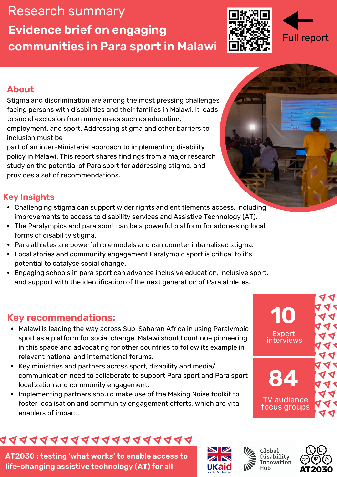 A one page document showing the research summary on Evidence brief on engaging communities in Para sport in Malawi Cover Image