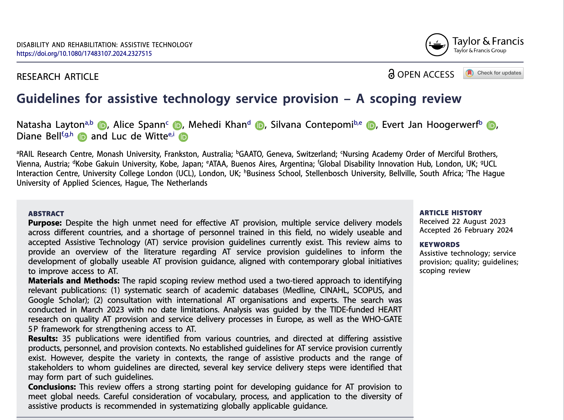 A screenshot of Guidelines for assistive technology service provision – A scoping review Cover Image