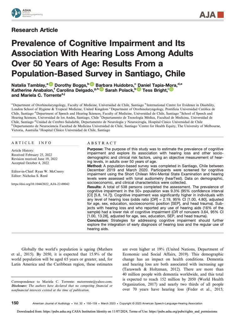 Cover of Prevalence of Cognitive Impairment and Its Association With Hearing Loss Among Adults Over 50 Years of Age Cover Image