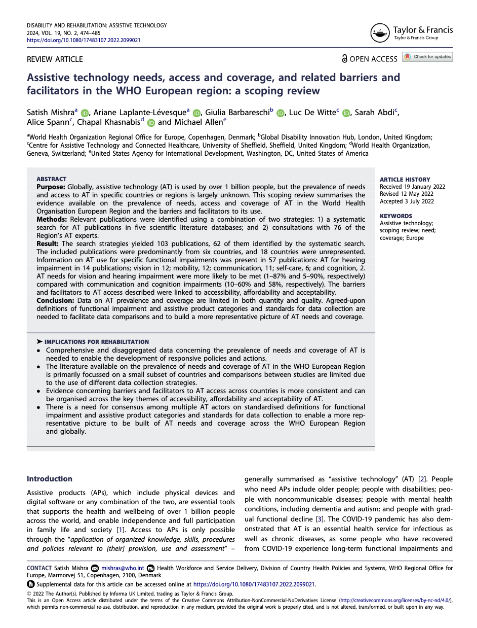 Cover of Assistive technology needs, access and coverage, and related barriers and facilitators in the WHO European region Cover Image