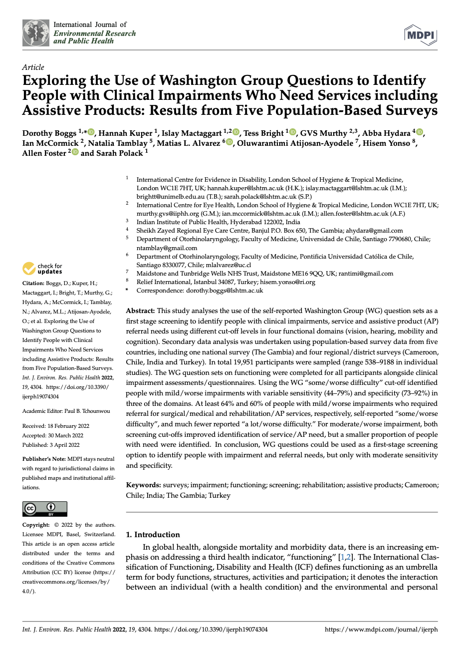 Cover of Exploring the Use of Washington Group Questions to Identify People with Clinical Impairments Who Need Services including Assistive Products Cover Image