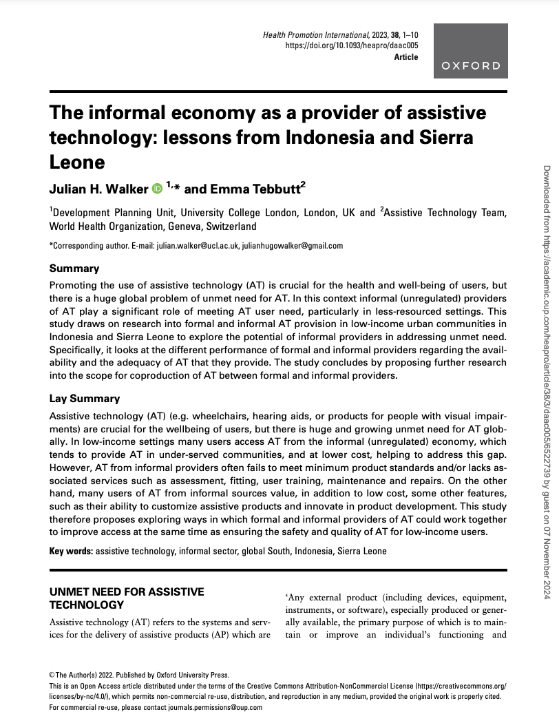 Cover of The informal economy as a provider of assistive technology Cover Image