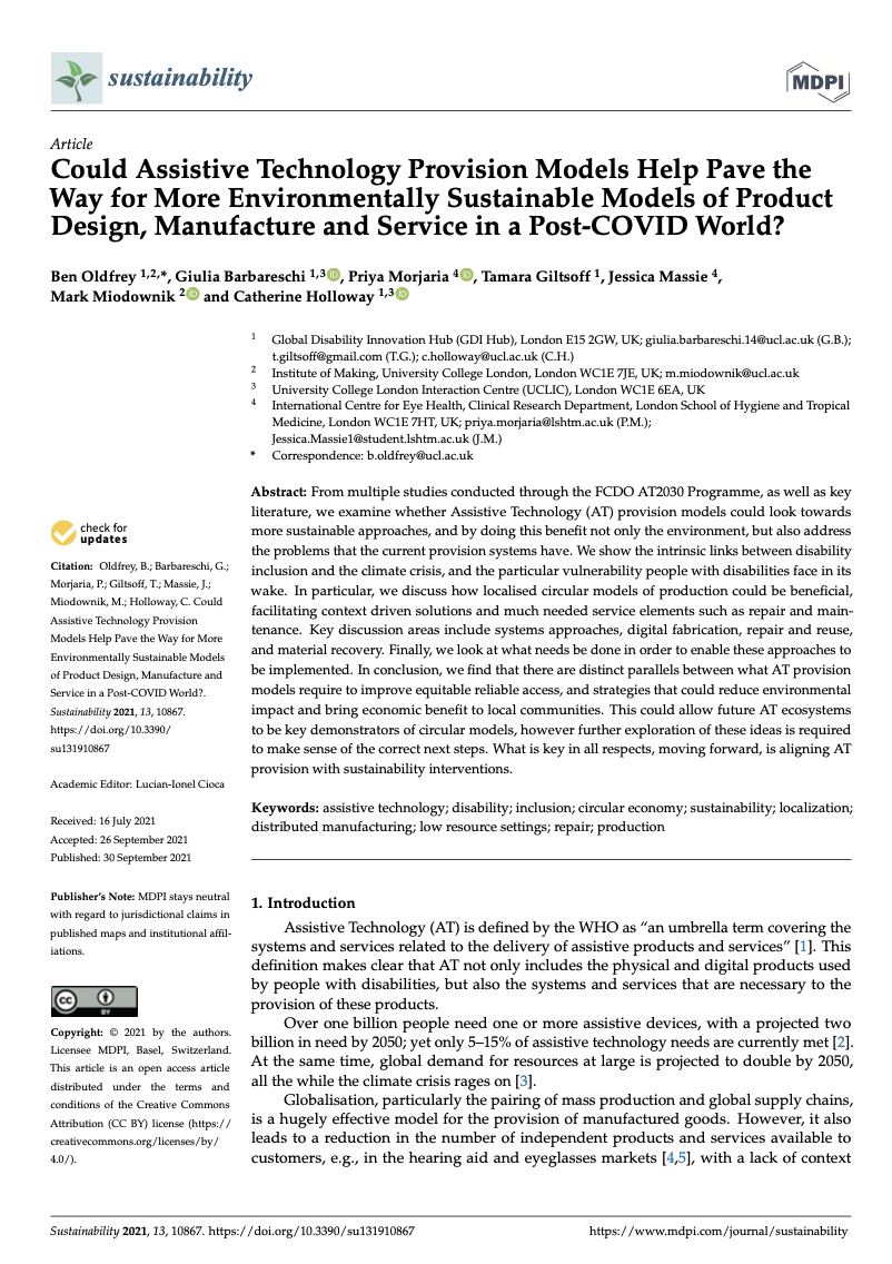 Cover of Could Assistive Technology Provision Models Help Pave the Way for More Environmentally Sustainable Models of Product Design, Manufacture and Service in a Post-COVID World? Cover Image