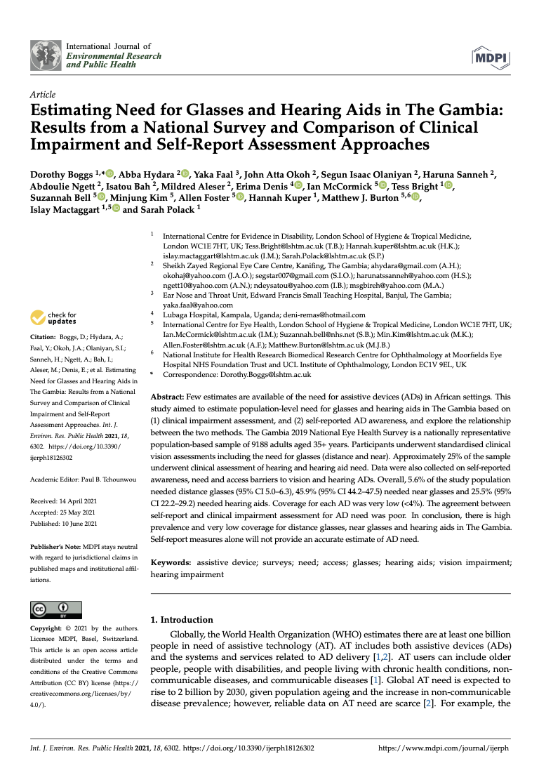 Cover of Estimating Need for Glasses and Hearing Aids in The Gambia: Results from a National Survey and Comparison of Clinical Impairment and Self-Report Assessment Approaches Cover Image