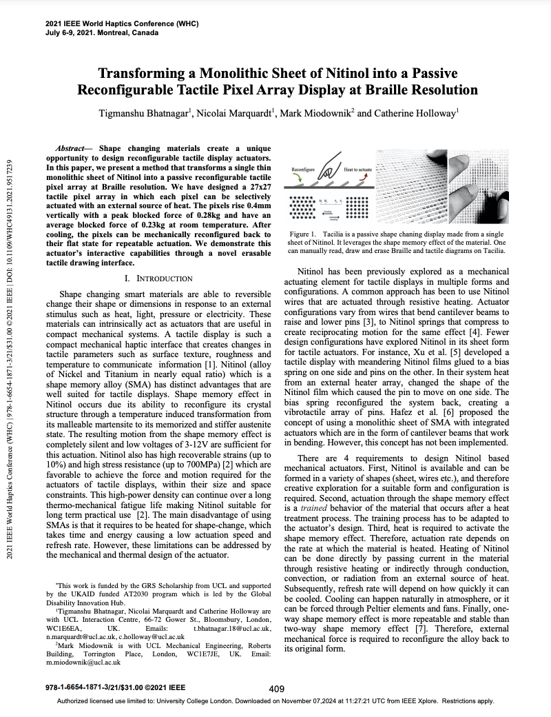 Cover of Transforming a Monolithic Sheet of Nitinol into a Passive Reconfigurable Tactile Pixel Array Display at Braille Resolution Cover Image