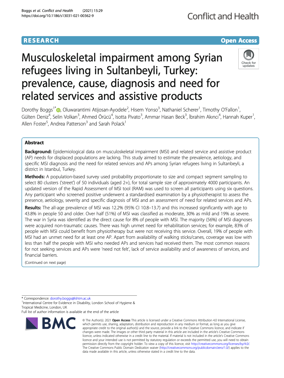 Cover of Musculoskeletal impairment among Syrian refugees living in Sultanbeyli, Turkey Cover Image