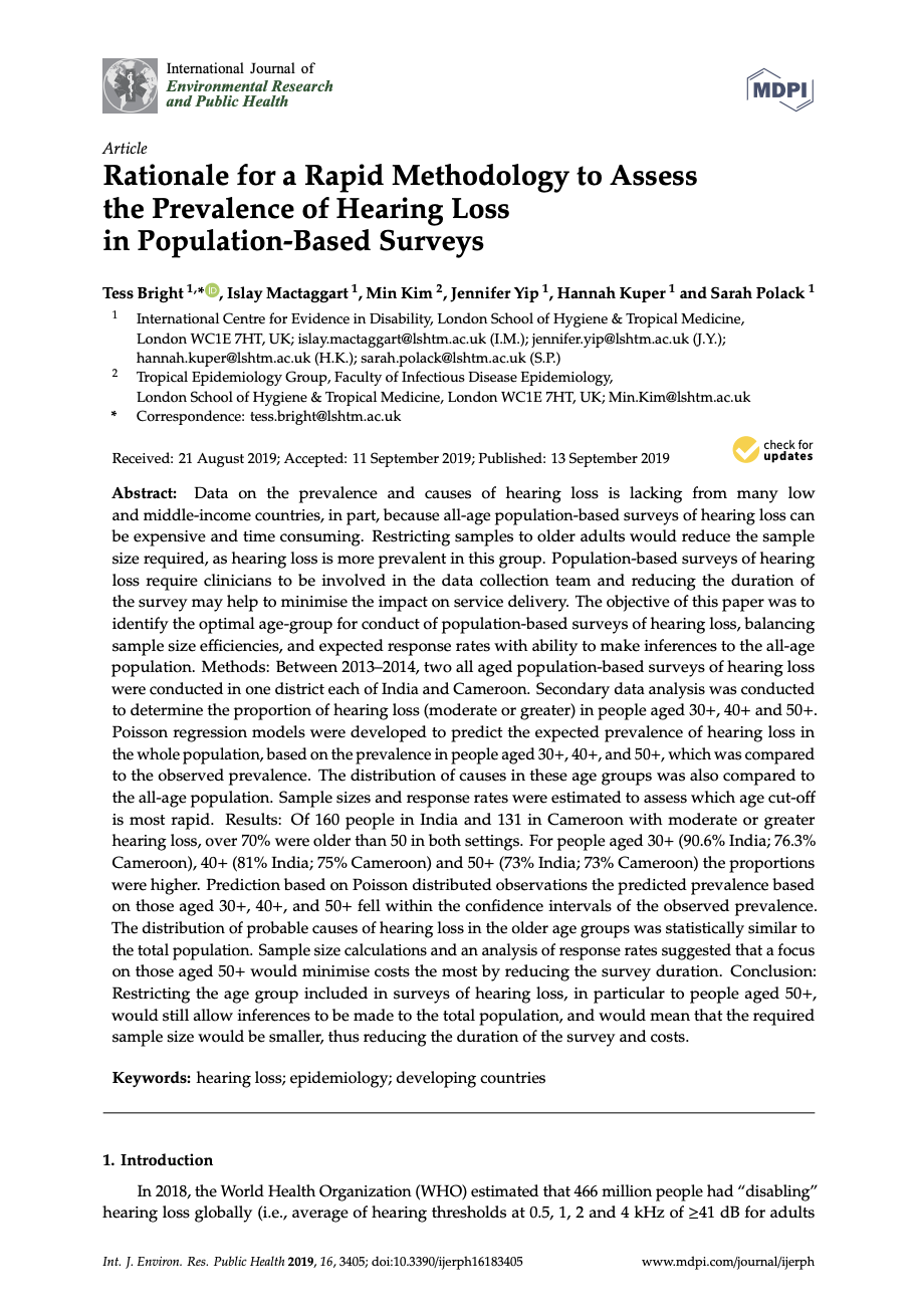 Cover of Rationale for a Rapid Methodology to Assess the Prevalence of Hearing Loss in Population-Based Surveys. Cover Image