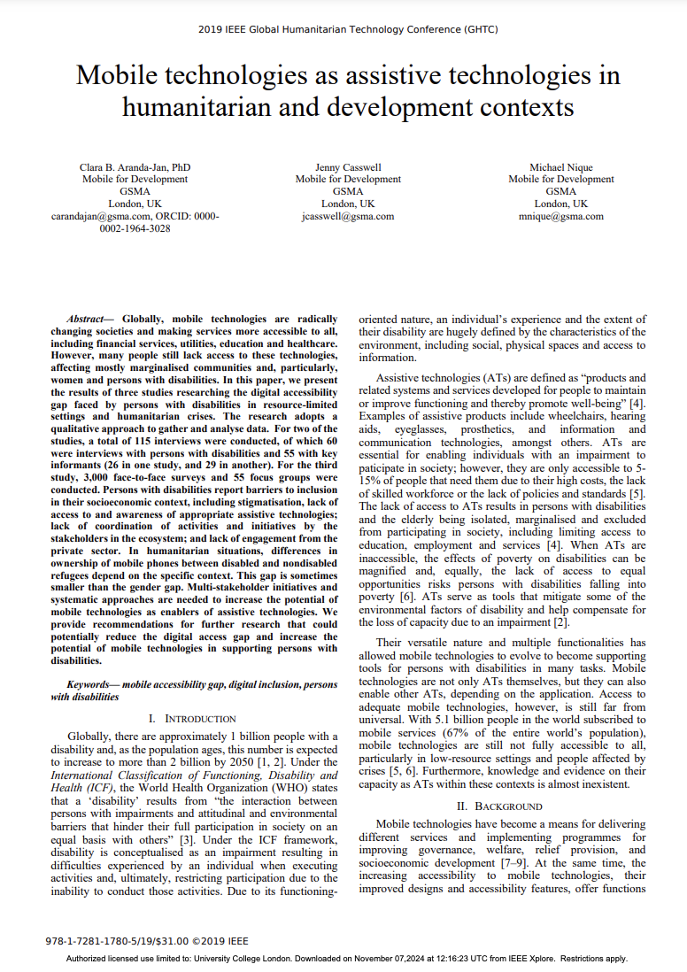 Cover of Mobile technologies as assistive technologies in humanitarian and development contexts Cover Image