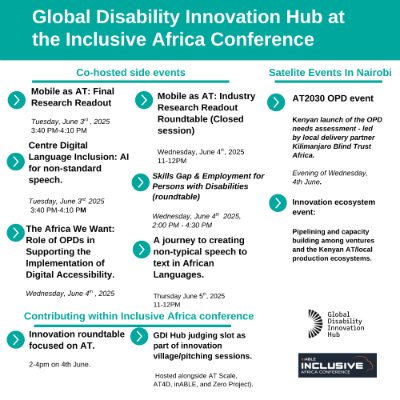 Informational poster for GDI Hub at Inclusive Africa Conference 2025, listing co-hosted side events (June 3–5), satellite events in Nairobi, and GDI Hub contributions including judging innovation pitches and co-hosting roundtables on AT, digital inclusion, and OPD roles.
