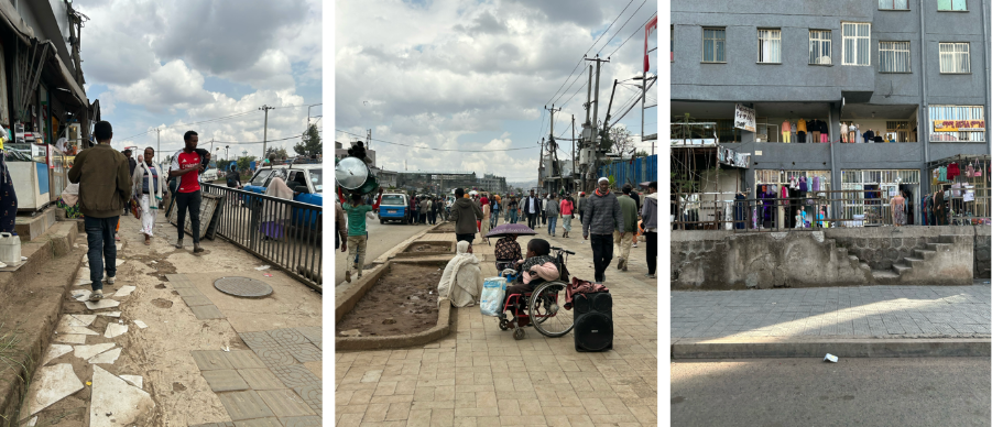 Left image:&nbsp;Poor maintenance&nbsp;of the pavement and the tactile way guidance&nbsp;can defeat the accessibility&nbsp;they&nbsp;aim to enhance&nbsp; Middle image:&nbsp;Encroachment of pavements&nbsp;by&nbsp;street vendors,&nbsp;seen&nbsp;in places,&nbsp;reduces&nbsp;accessibility but also&nbsp;reflects the need for&nbsp;building operations and maintenance.&nbsp; Right image:&nbsp;Raised pathways and commercial access can be employed as a buffer for flooding resilience, but create accessibility barriers, as&nbsp;evidenced&nbsp;by the stepped access seen here.&nbsp;
