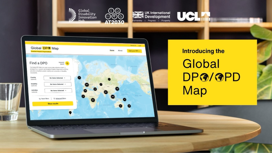 Photograph shows laptop displaying Global DPOD Map, an interactive tool for locating disability-focused organisations worldwide. Screen features map with black location markers, search filters and yellow interface elements, alongside Global Disability Innovation Hub, UK International Development and UCL branding.