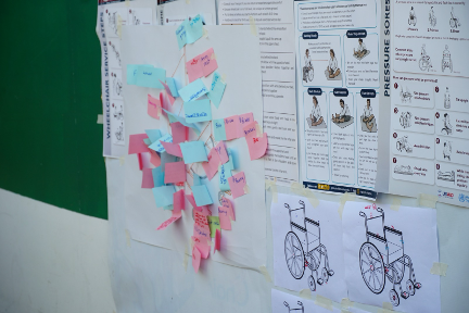 Spare parts mapped onto a wheelchair diagram with labelled sticky notes.