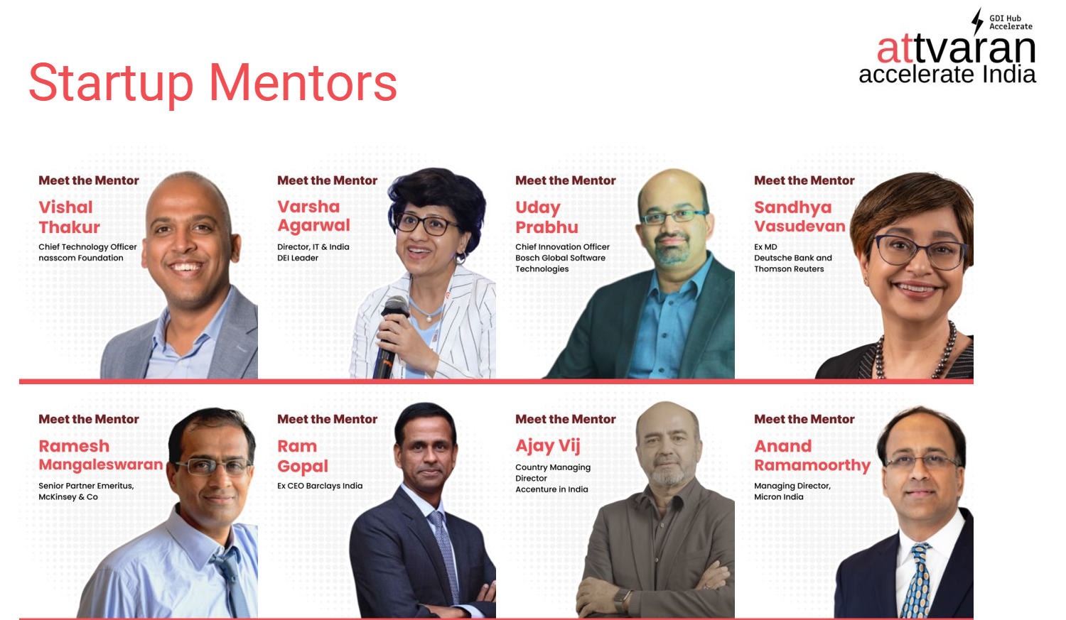 The image displays eight startup mentors with their names, titles, and photos. The top part of the image is titled "Startup Mentors." Below are the mentors listed with their details:  Vishal Thakur  Title: Chief Technology Officer Organization: nasscom Foundation Photo: Smiling man in a light blue shirt and gray blazer. Varsha Agarwal  Title: Director, IT & India DEI Leader Photo: Woman holding a microphone, wearing glasses and a striped blazer. Uday Prabhu  Title: Chief Innovation Officer Organization: Bosch Global Software Technologies Photo: Man wearing glasses, a blue shirt, and a dark blazer. Sandhya Vasudevan  Title: Ex MD Organizations: Deutsche Bank and Thomson Reuters Photo: Smiling woman with short hair, wearing glasses and a black top. Ramesh Mangaleswaran  Title: Senior Partner Emeritus Organization: McKinsey & Co Photo: Man in a light blue shirt and tie, wearing glasses. Ram Gopal  Title: Ex CEO Organization: Barclays India Photo: Man in a dark suit and tie. Ajay Vij  Title: Country Managing Director Organization: Accenture in India Photo: Man with crossed arms, wearing a dark blazer and shirt. Anand Ramamoorthy  Title: Managing Director Organization: Micron India Photo: Man wearing glasses, a dark suit, and a patterned tie.