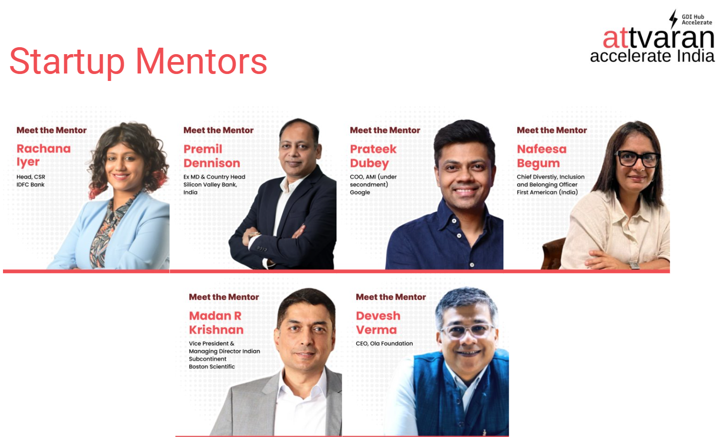 The image displays eight startup mentors with their names, titles, and photos. The top part of the image is titled "Startup Mentors." Below are the mentors listed with their details:  Rachana Iyer  Title: Head, CSR Organization: IDFC Bank Photo: Smiling woman with curly hair, wearing a light blue blazer and patterned top. Premil Dennison  Title: Ex MD & Country Head Organization: Silicon Valley Bank, India Photo: Smiling man in a black suit with crossed arms. Prateek Dubey  Title: COO, AMI (under secondment) Organization: Google Photo: Smiling man in a blue shirt. Nafeesa Begum  Title: Chief Diversity, Inclusion and Belonging Officer Organization: First American (India) Photo: Smiling woman with straight hair, wearing glasses and a beige top. Madan R Krishnan  Title: Vice President & Managing Director Indian Subcontinent Organization: Boston Scientific Photo: Smiling man in a light gray blazer and white shirt. Devesh Verma  Title: CEO Organization: Ola Foundation Photo: Smiling man wearing glasses, a white shirt, and a blue vest