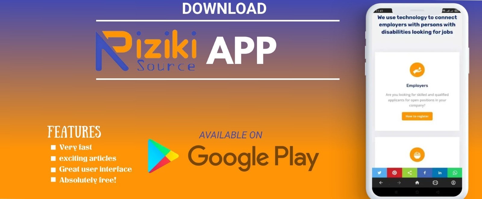 An image of Riziki source logo with directions on how to download it on google play.