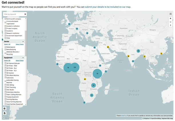 An interactive world map with highlighted areas over countries displaying where and how many people work or are located in that area