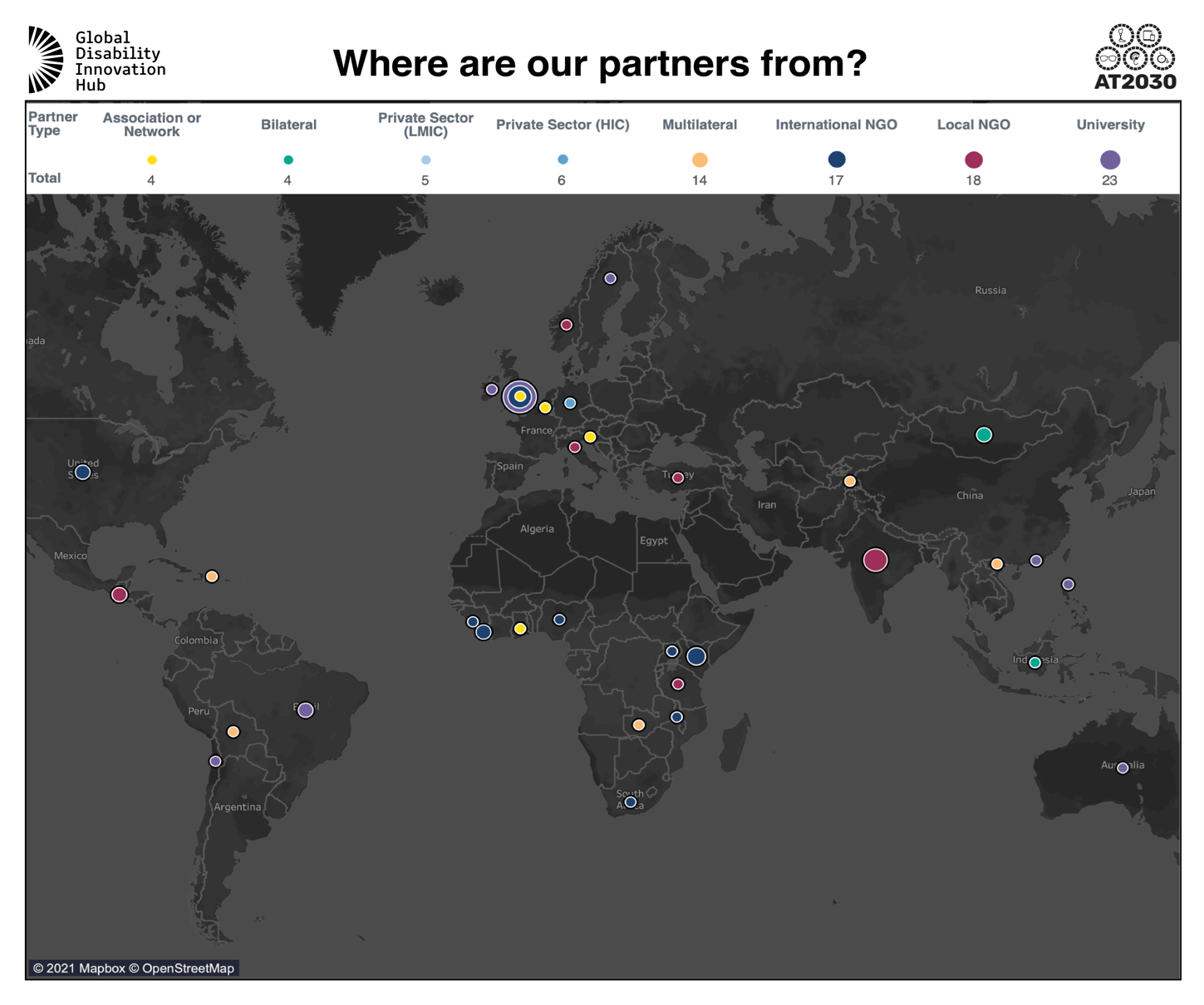 A digital world map view with colour spots across the globe demonstrating where AT2030 have partners