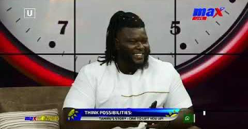 The image shows Tahiru Haruna on Max TV Live talking about the importance of positive thinking and opportunities for persons with a disability.