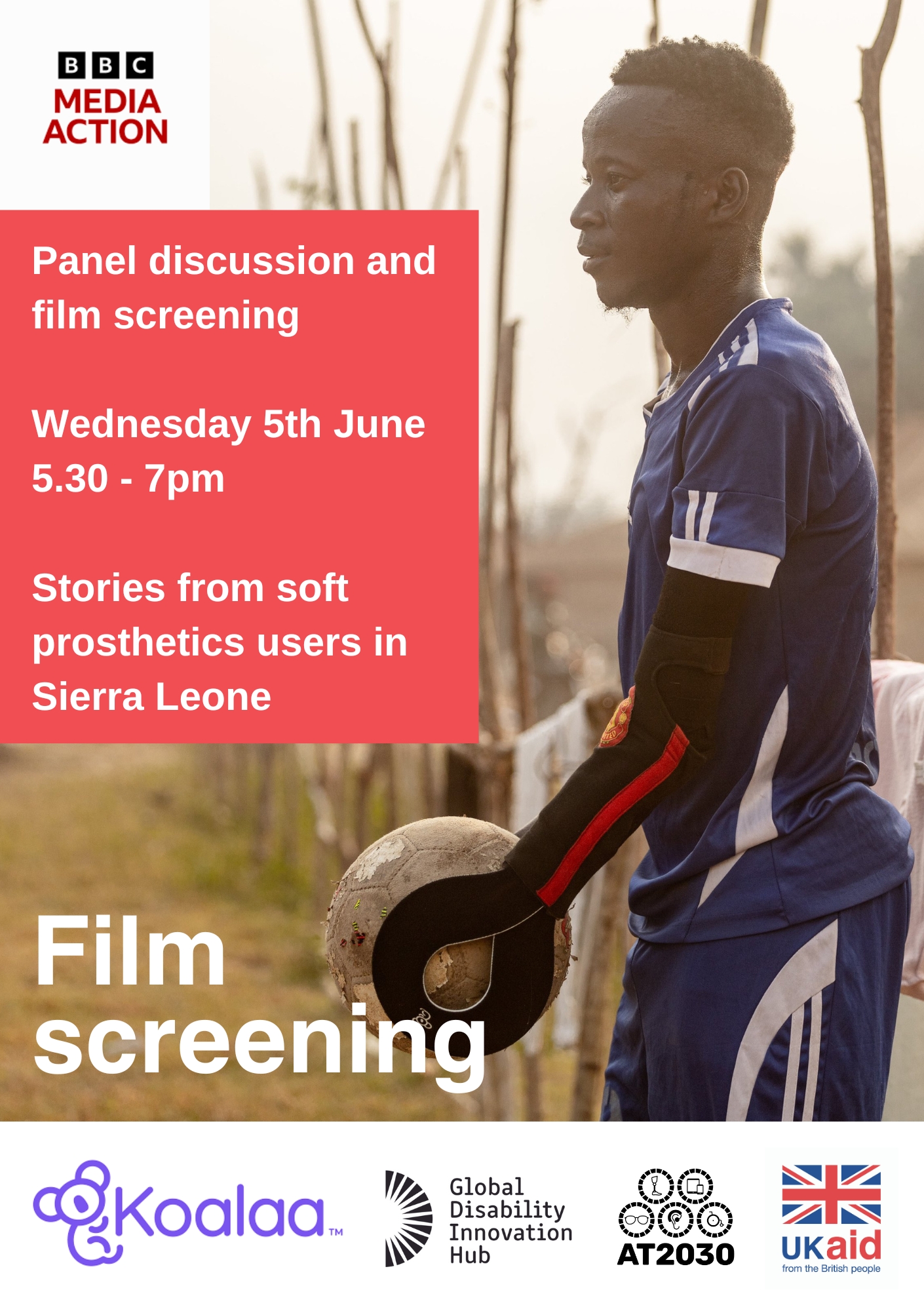 Film screening poster with image of a young man, playing football at dusk. The man is using a soft prosthetic 