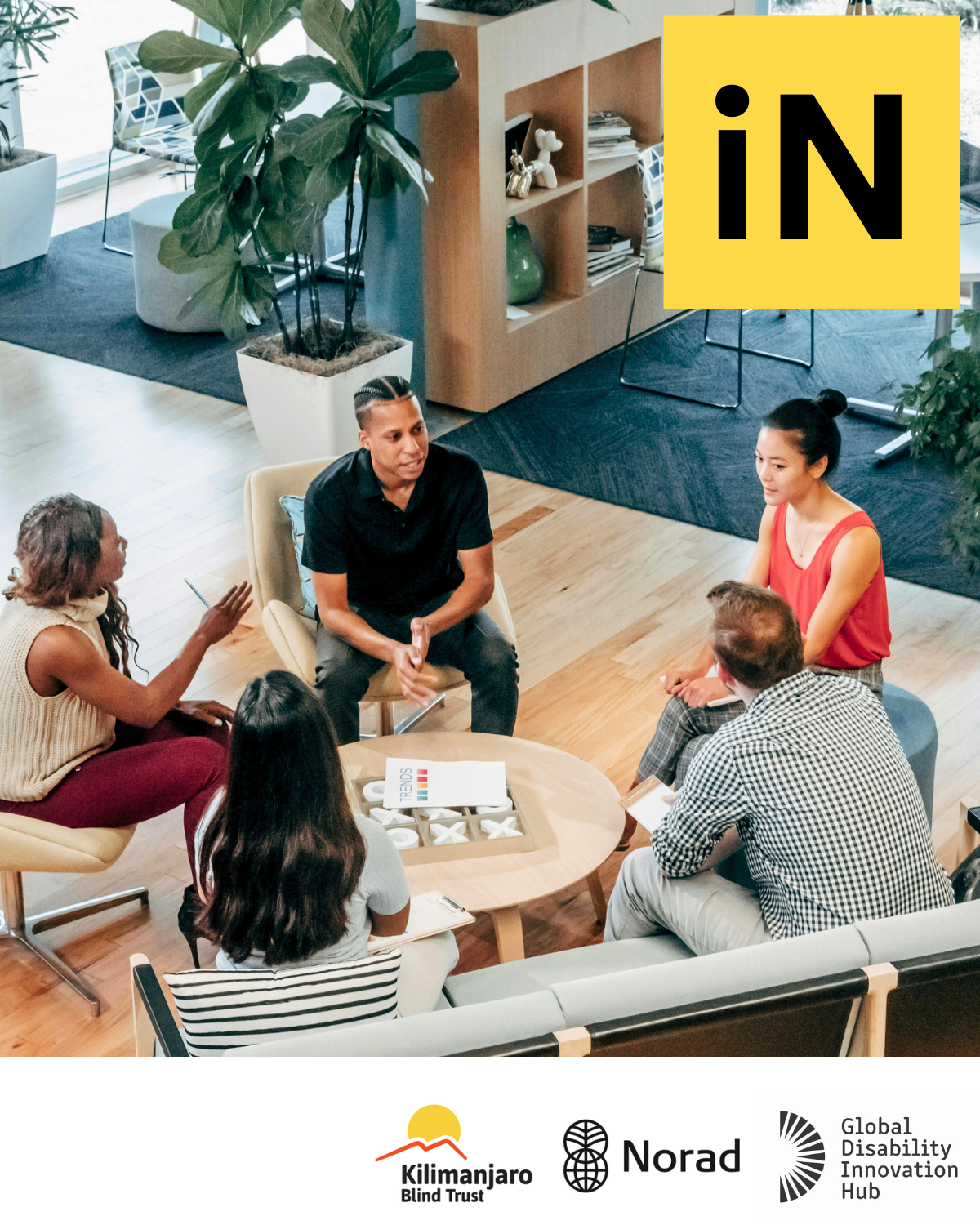 Innovate now logo in foreground, people chatting at work in the background Cover Image