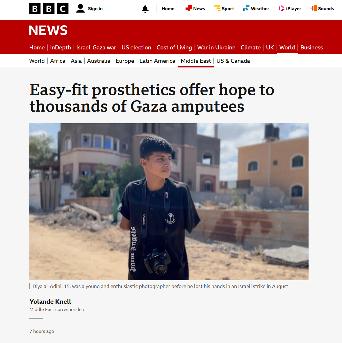 Photo of Diya al-Adini, 15, was a young and enthusiastic photographer before he lost his hands in an Israeli strike in August. Diya is pictured in a Gaza Street - and is a double amputee Cover Image